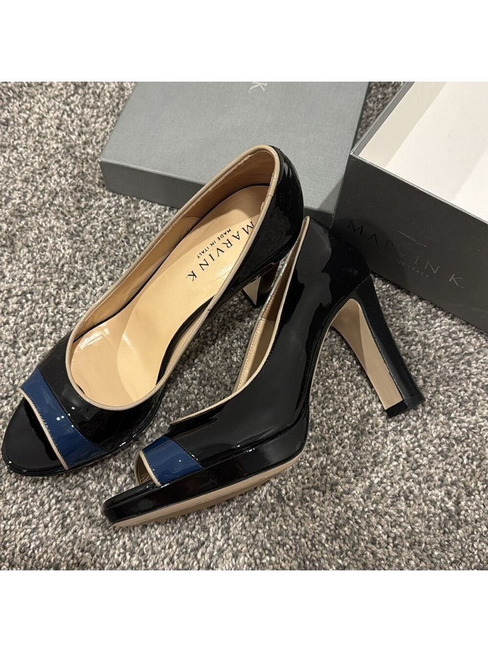 Black and Blue Peep Toe Heels